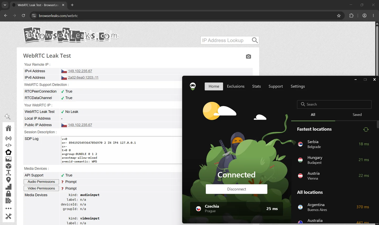 BrowserLeaks WebRTC test reporting 'No Leak' with AdGuard VPN connected; only the VPN-facing address is visible.